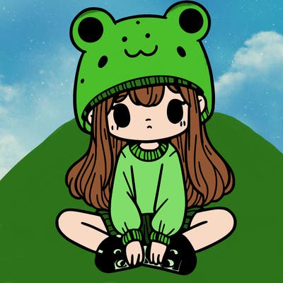 a girl wearing a frog hat and some frog socks