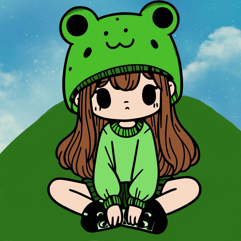 a girl wearing a frog hat and some frog socks