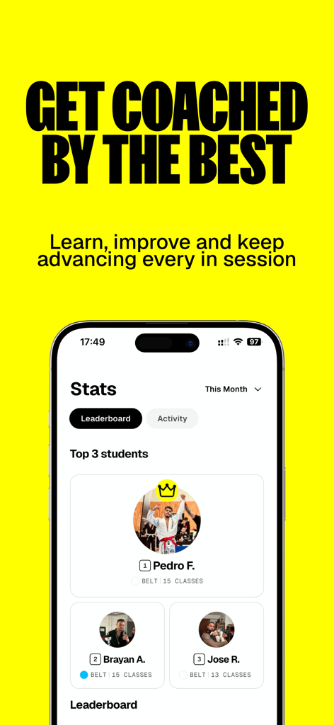 MAAT app interface displaying the top 3 students on a leaderboard with training stats and belts.
