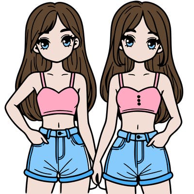 two sisters with crop tops and jean shorts and straight hair