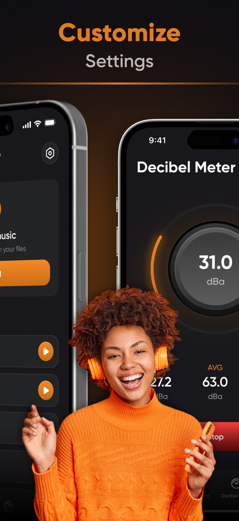 An iPhone screen displaying a decibel meter feature in the Bass Booster app with a smiling woman wearing headphones