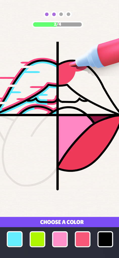 Drawing Carnival - Coloring a drawing of lips in quadrants using a pink marker in the Drawing Carnival app.