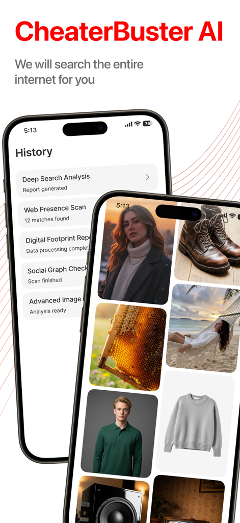 CheaterBuster AI - Deep Search - Interfaz de la aplicación CheaterBuster AI que muestra el historial de búsqueda y una cuadrícula de resultados de imágenes analizadas
