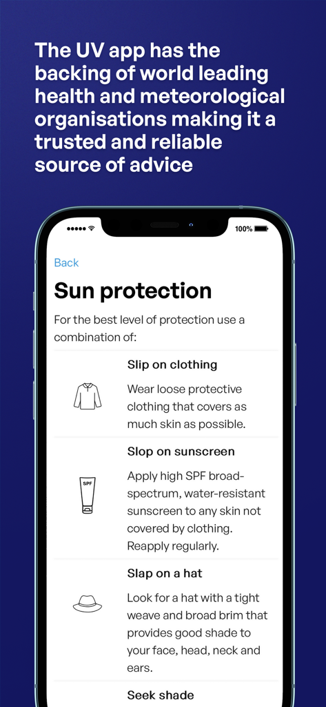 SunSmart Global UV - Interfaz de la aplicación SunSmart Global UV que muestra consejos de protección solar, incluidas recomendaciones sobre ropa, protector solar y sombreros