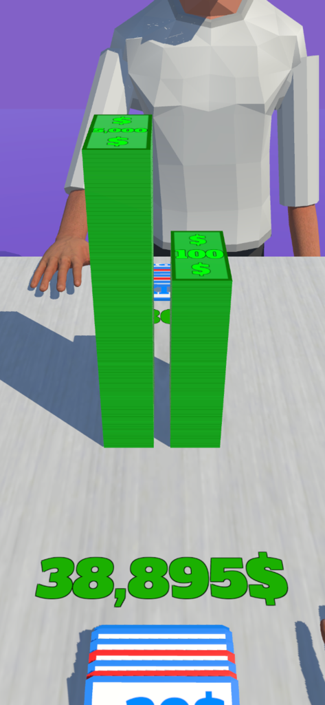 Gameplay screenshot of Double Money showing large stacks of cash and total net worth