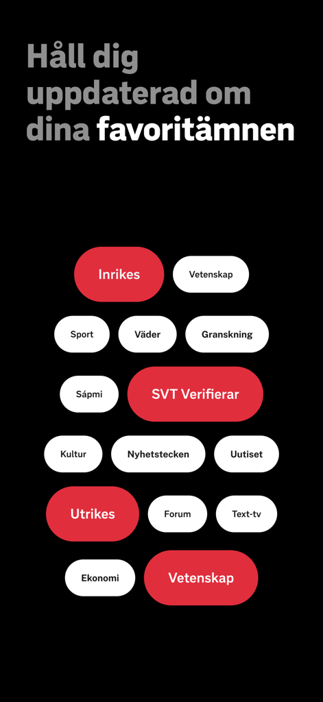 SVT Nyheter - SVT Nyheter mobile app interface showing a selection of news categories in Swedish