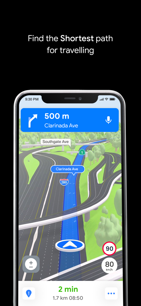GPS Live Navigation & Live Map - Smartphone-Bildschirm, der eine 3D-GPS-Navigationsroute auf einer mehrspurigen Autobahn mit Geschwindigkeitsbegrenzungsanzeigen zeigt