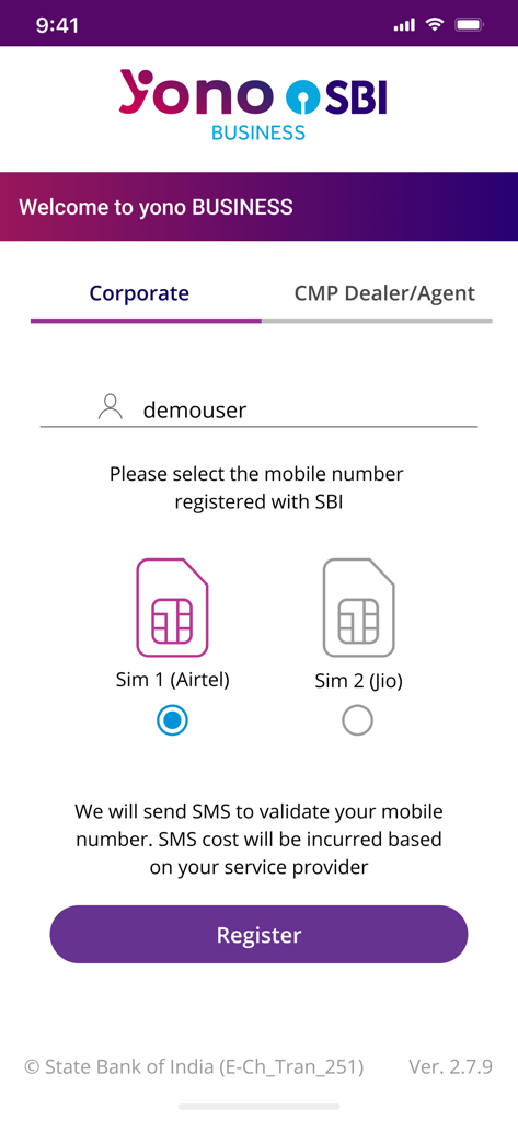 Yono Business SBI - Yono Business SBI mobile app registration interface showing dual SIM card selection for account validation.