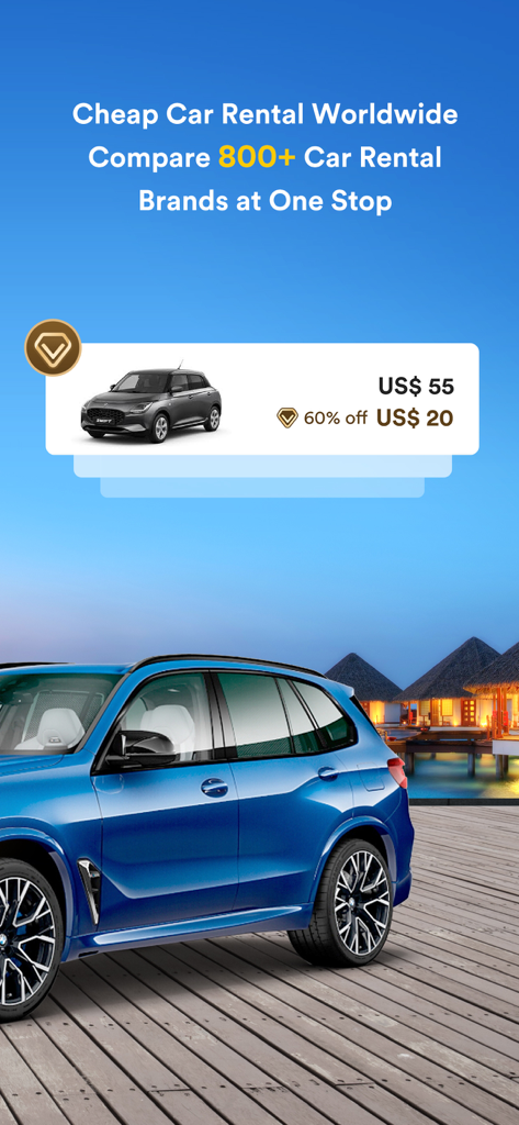QEEQ Car Rental app showing price comparison for over 800 car brands worldwide with exclusive discounts