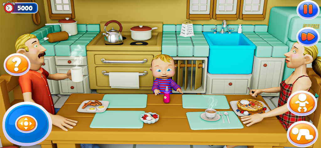 Virtuelle Familie mit Mutter, Vater und Baby beim Frühstück in einer Küchentisch-Simulation