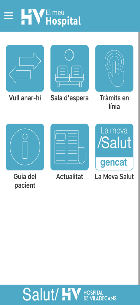 Hospital de Viladecans - Menú principal de la aplicación del Hospital de Viladecans que muestra iconos de servicios al paciente