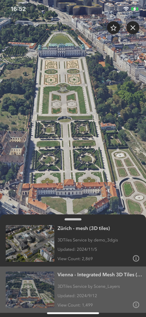 L'app mobile ArcGIS Earth visualizza una dettagliata vista 3D mesh integrata dei giardini del Belvedere di Vienna.