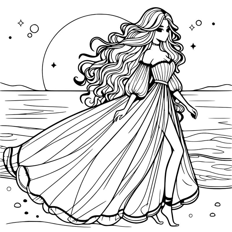 beautiful woman with a vaporous long dress walking on the beach at the noon, detailed art