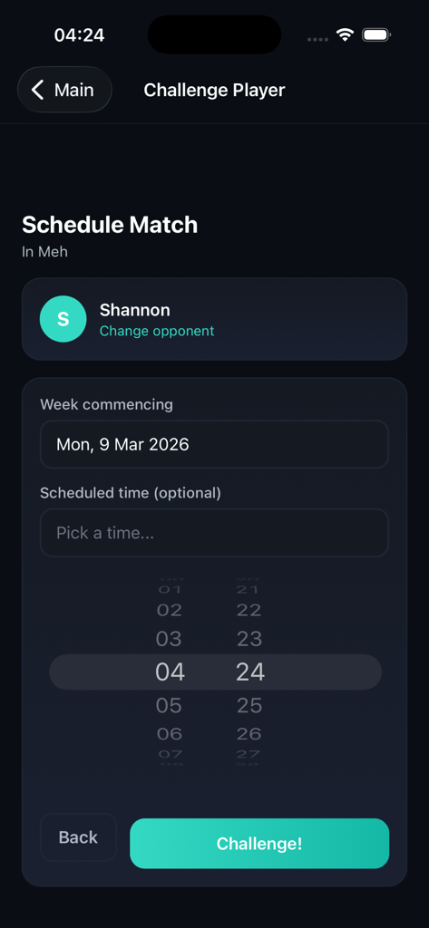 Interface for scheduling a match challenge in the Snooker Pool League app