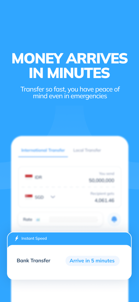 Topremit: Money Transfer - Topremit app screenshot highlighting fast money transfers arriving in five minutes