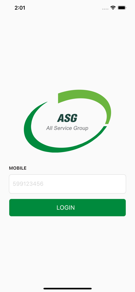 All Service Group ASG.GE - Login screen of the All Service Group app featuring a mobile number input field and a login button