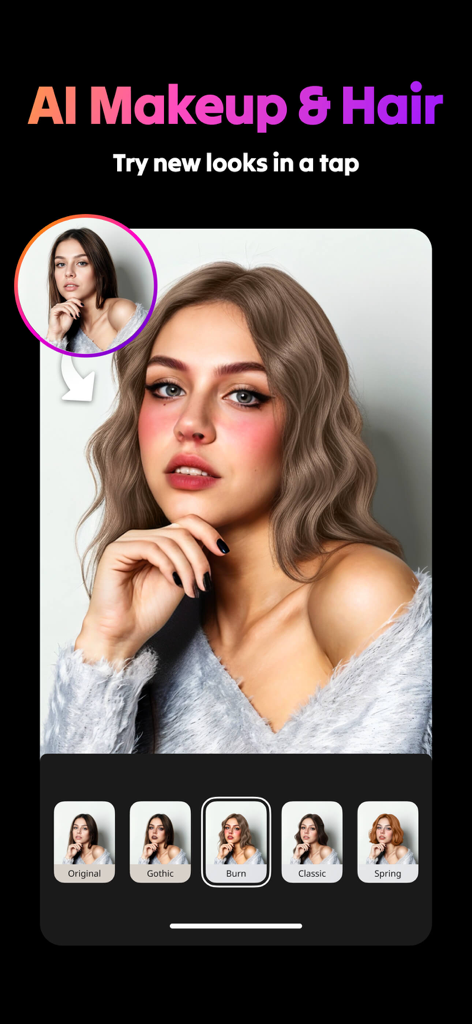 Captura de pantalla de la aplicación SelfyzAI mostrando filtros de transformación de maquillaje y peinado IA en el retrato de una mujer