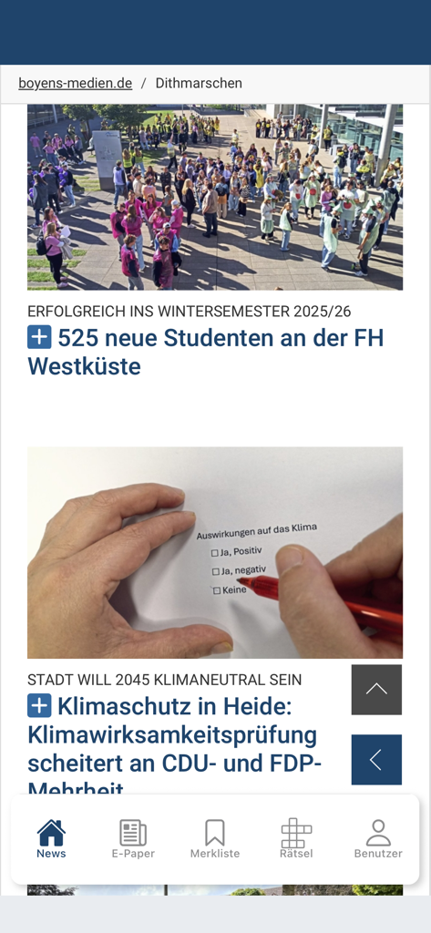 Die Newsfeed-Oberfläche der Boyens Medien App zeigt lokale deutsche Artikel aus der Region Dithmarschen