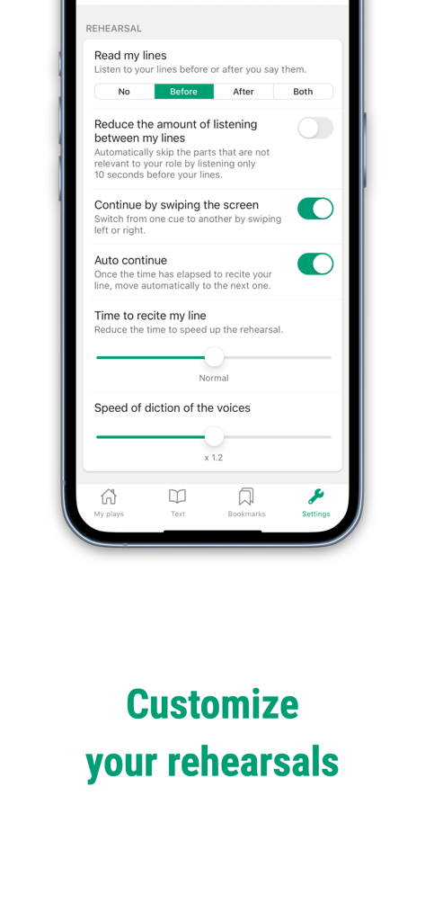 Imparato - Theatre - Imparato Theatre app rehearsal settings for line memorization