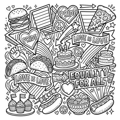 Dive into a deliciously vibrant coloring page featuring a fantastic fusion of food art and bold Pop Art style. Celebrate love, diversity, and equality with an array of tasty treats and empowering Pride symbols.