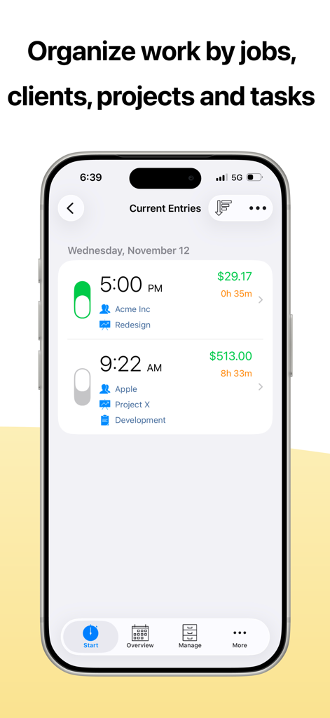 atWork Hours & Pay Tracker - Screenshot dell'iPhone che mostra l'interfaccia dell'app atWork con le voci di orario organizzate per clienti e progetti