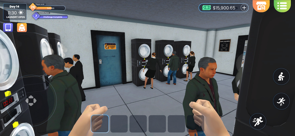First-person gameplay view of a busy laundry shop with customers and washing machines in Laundry Store Simulator.