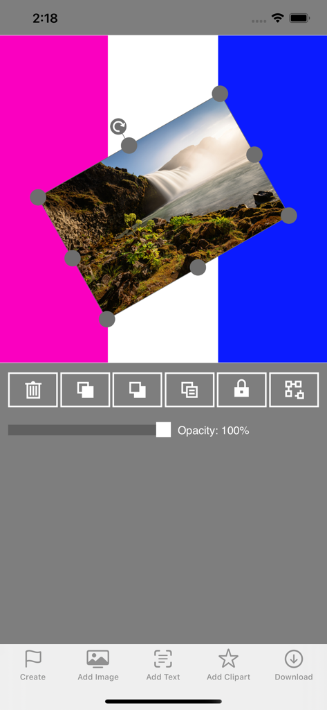 User interface of the Flag Design app showing a landscape photo being added and rotated on a tricolor flag background