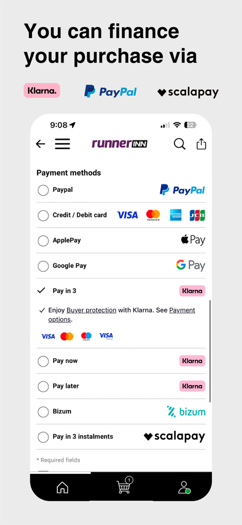 Tradeinn - Capture d'écran de l'application mobile Tradeinn affichant les options de paiement et de financement.