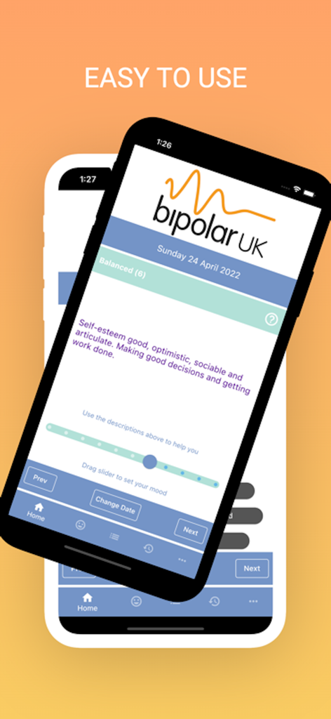 Bipolar UK Mood Tracker - A mobile interface for the Bipolar UK Mood Tracker app showing a daily mood entry screen with a slider and balanced mood description
