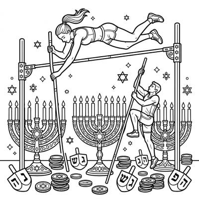 Experience the unexpected joy of our Pole Vaulters Hanukkah Celebration coloring page. This unique design blends athletic prowess with the festive spirit of Hanukkah, perfect for a joyful coloring session.