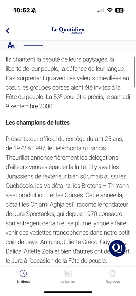 Le Quotidien Jurassien - Mobile Benutzeroberfläche von Le Quotidien Jurassien, die einen französischen Nachrichtenartikel über lokale Ereignisse im Jura zeigt