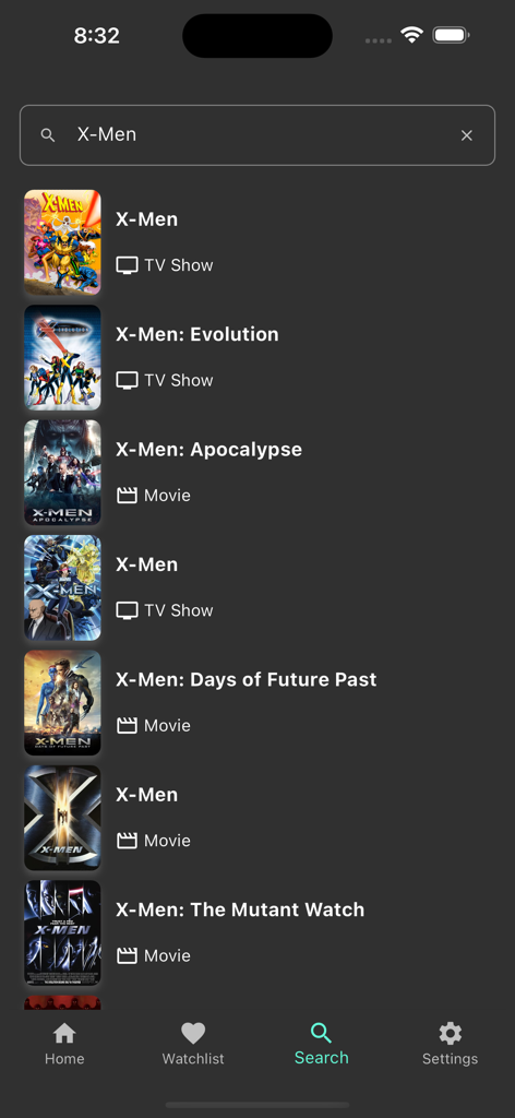 Search results for X-Men movies and TV shows on the myFilms app interface