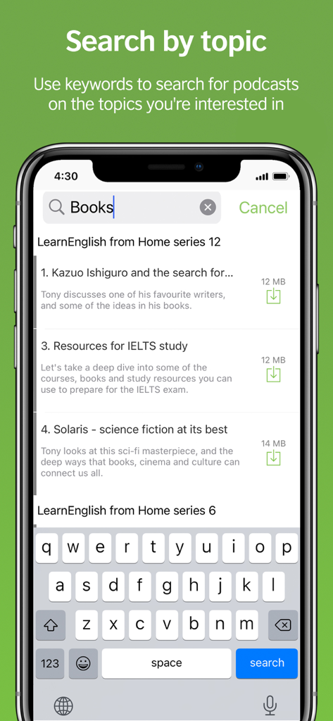 LearnEnglish Podcast - LearnEnglish Podcast app search by topic feature showing podcast episodes for books