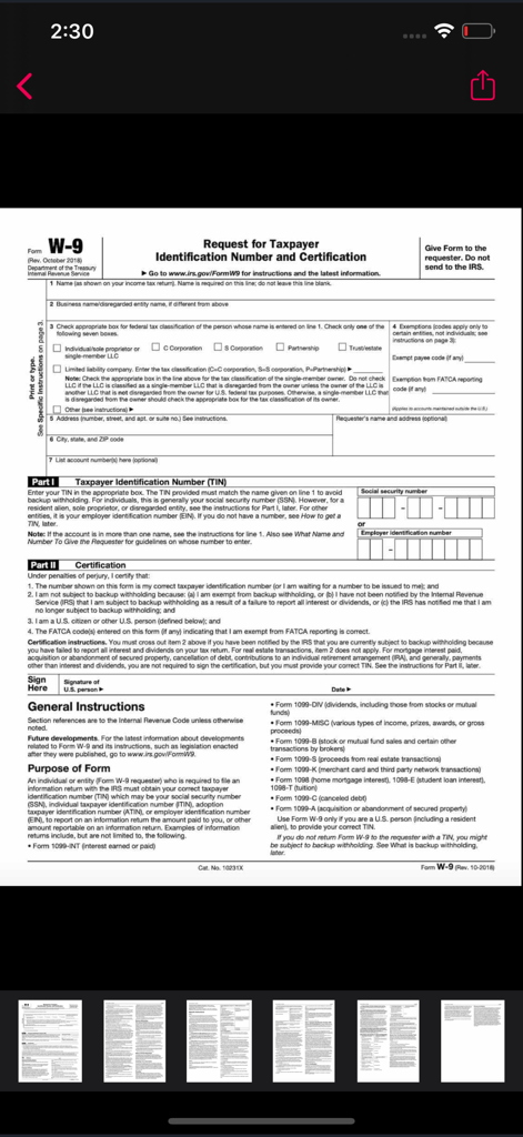 PDF Scanner Pro ⊟ - Aperçu d'un formulaire fiscal W9 numérisé dans l'application Scanner PDF Pro