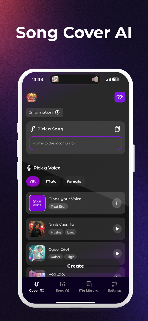 Mobile interface of Sing AI showing options to pick a song and select an AI voice for music covers.
