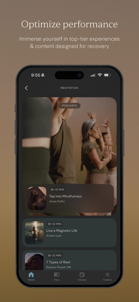 Life Time Digital - Smartphone-Bildschirm mit dem Bereich für Meditation und Erholungs-Podcasts in der Life Time Digital App