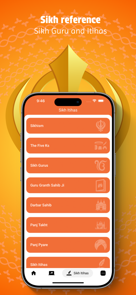 A mobile app screen showing a menu for Sikh history and reference topics like Sikh Gurus and Guru Granth Sahib Ji