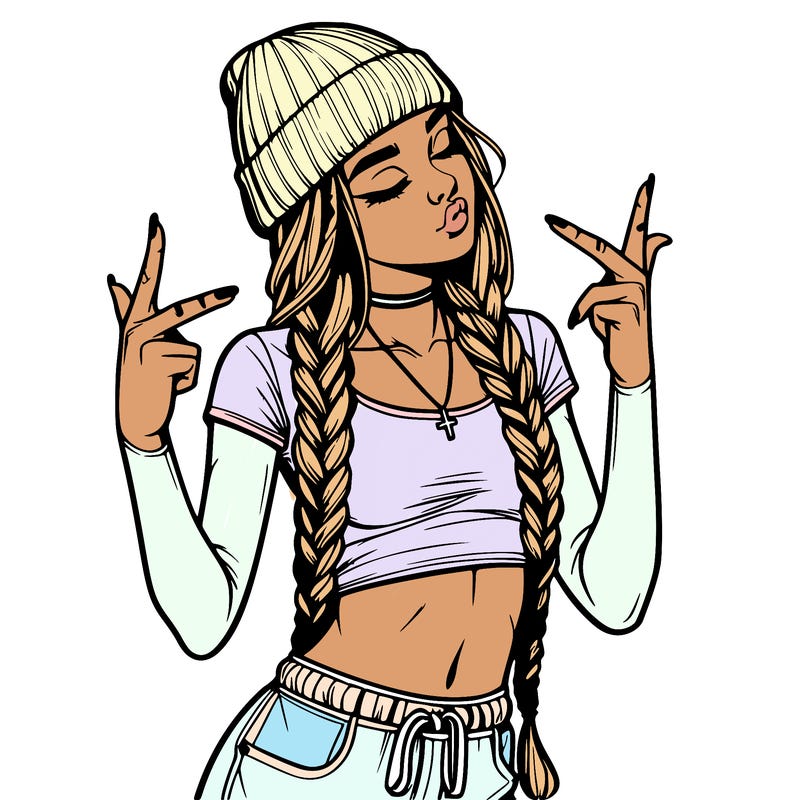 realistic teenage girl with braids and a beanie and crop top doing 🫶🏼