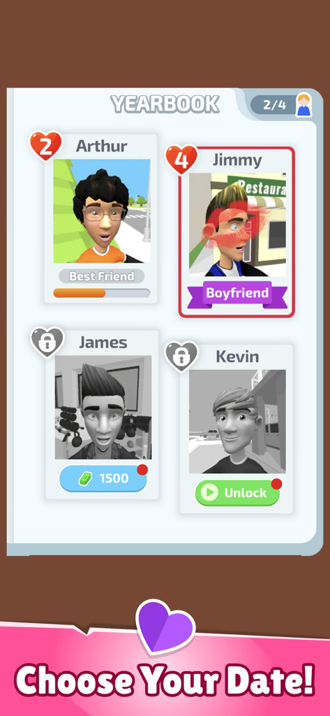 Kiss in Public: Dating Choices - 『Kiss in Public』ゲームの年鑑選択画面で、親友やボーイフレンドのオプションのキャラクタープロフィールが表示されています。