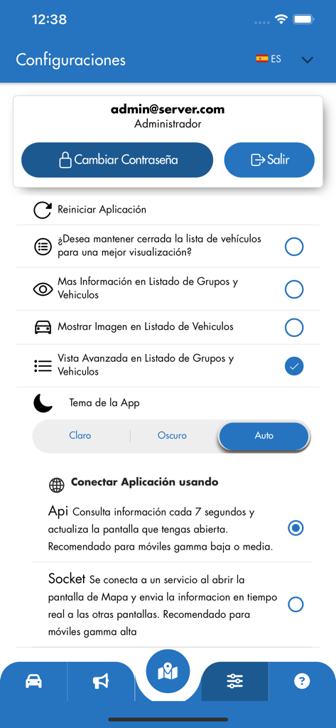 Pantalla de configuración de la aplicación Rastreo InterGPS con información de la cuenta y opciones de configuración de visualización en español.