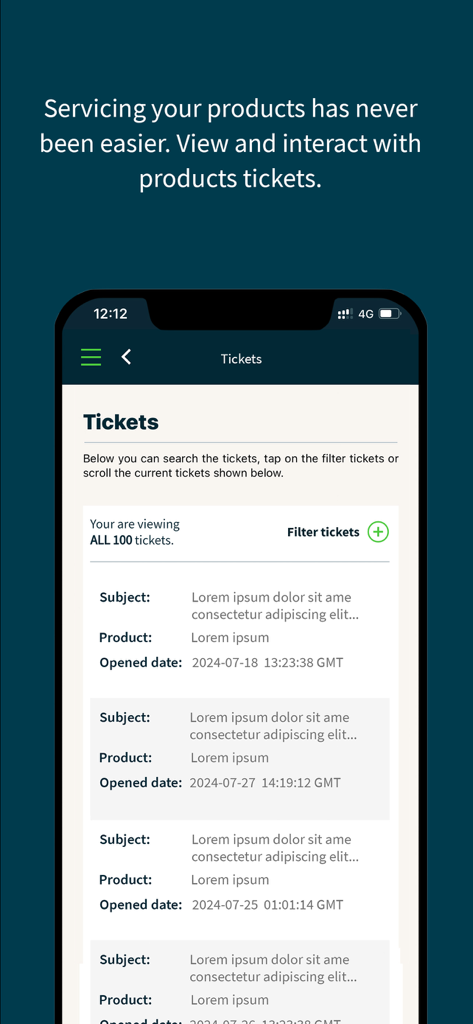 FIS Mobile app interface displaying a list of product service tickets for enterprise clients