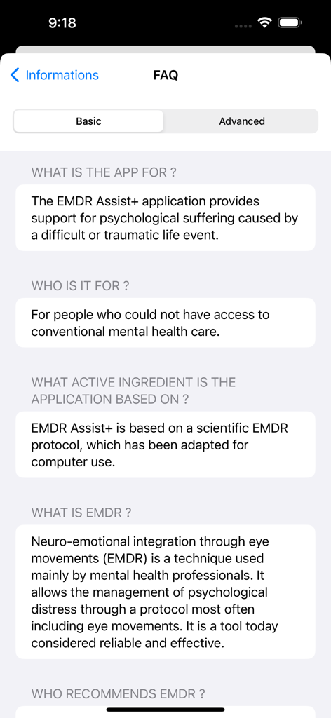 EMDR Assist+ - Tela de Perguntas Frequentes do aplicativo EMDR Assist plus explicando o propósito do aplicativo e o que é a terapia EMDR