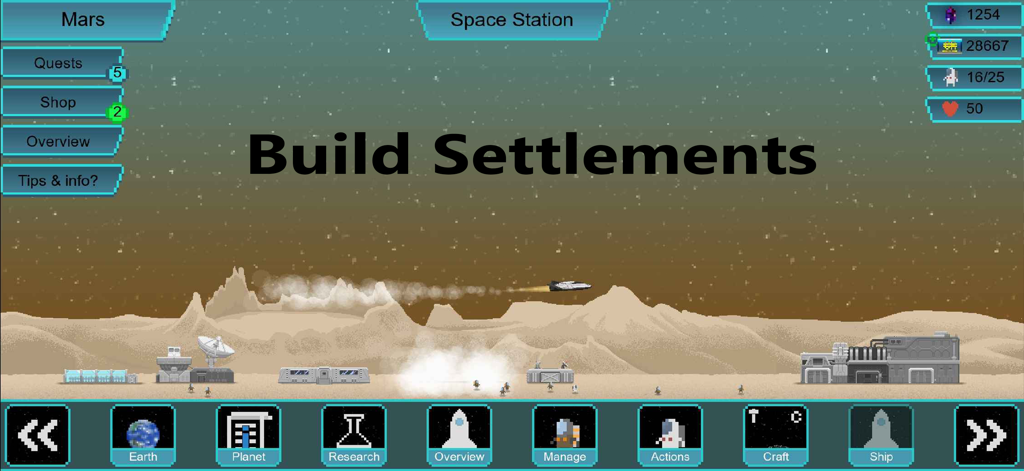 Tiny Space Program - Pixel art gameplay of Tiny Space Program showing a colony base on Mars with a rocket launch