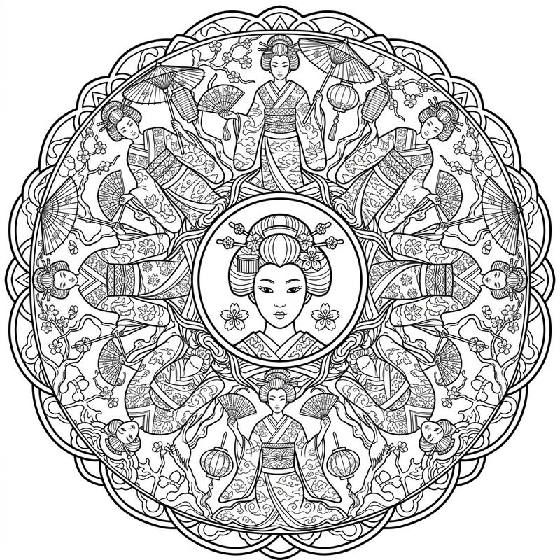 Step into the serene beauty of Kyoto with this exquisite Geisha Mandala coloring page. This intricate design perfectly blends the traditional elegance of Geishas from Gion with a mesmerizing symmetrical pattern, offering a unique artistic escape.