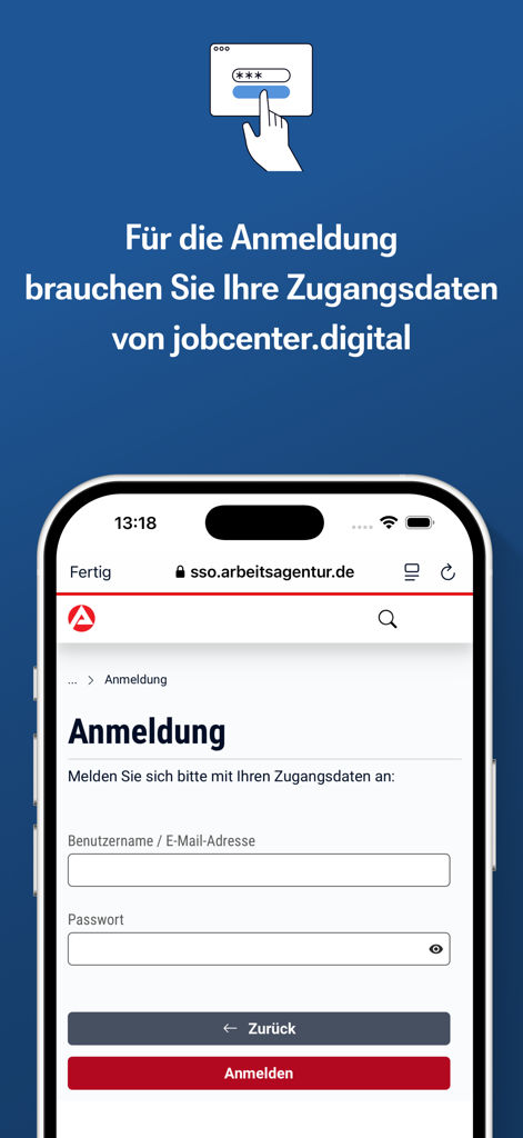 Jobcenter-App - 사용자 이름 및 비밀번호 필드가 있는 Jobcenter 앱 로그인 화면