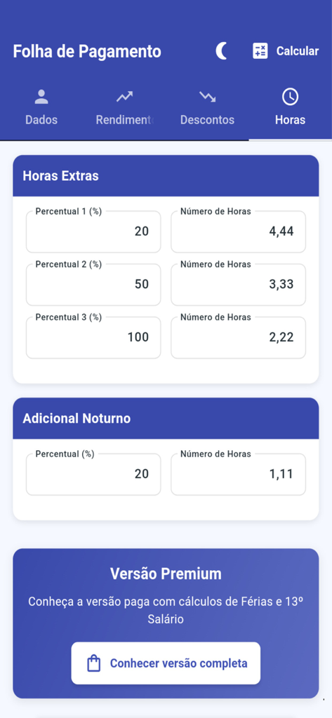 Folha de Pagamento - Interface do aplicativo Folha de Pagamento mostrando campos de entrada para percentuais de horas extras e cálculo de horas noturnas
