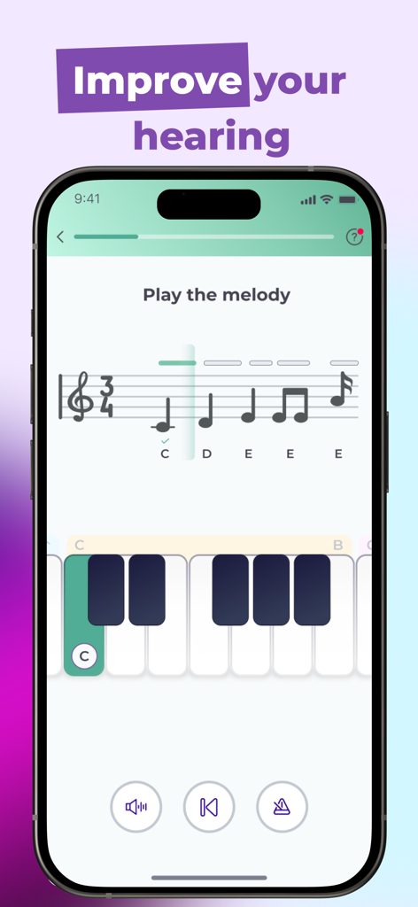 Talented: Music Learning App - Captura de pantalla de la app Talented que muestra un ejercicio de teoría musical para entrenamiento del oído con un teclado de piano virtual y pentagrama musical.