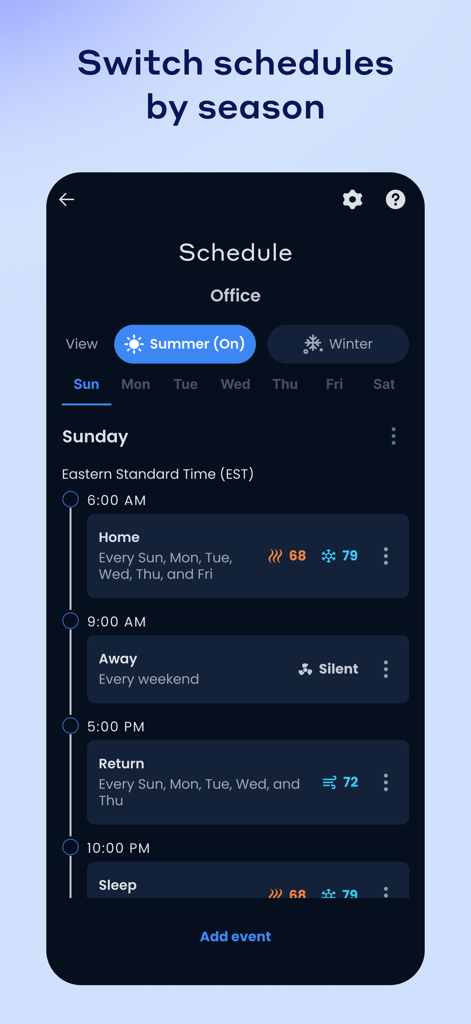 Smart HVAC scheduling interface for summer and winter seasons in the Comfort by Mitsubishi Electric app