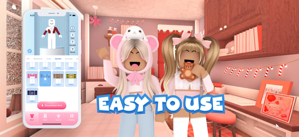 Shirts for Blox Maker - Interface do aplicativo Shirts for Blox Maker mostrando opções de roupas estéticas para avatar e texto fácil de usar