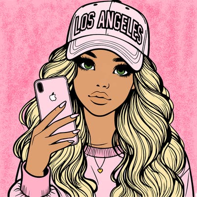 realistic beautiful girl wearing los ángeles cap holding an iphone